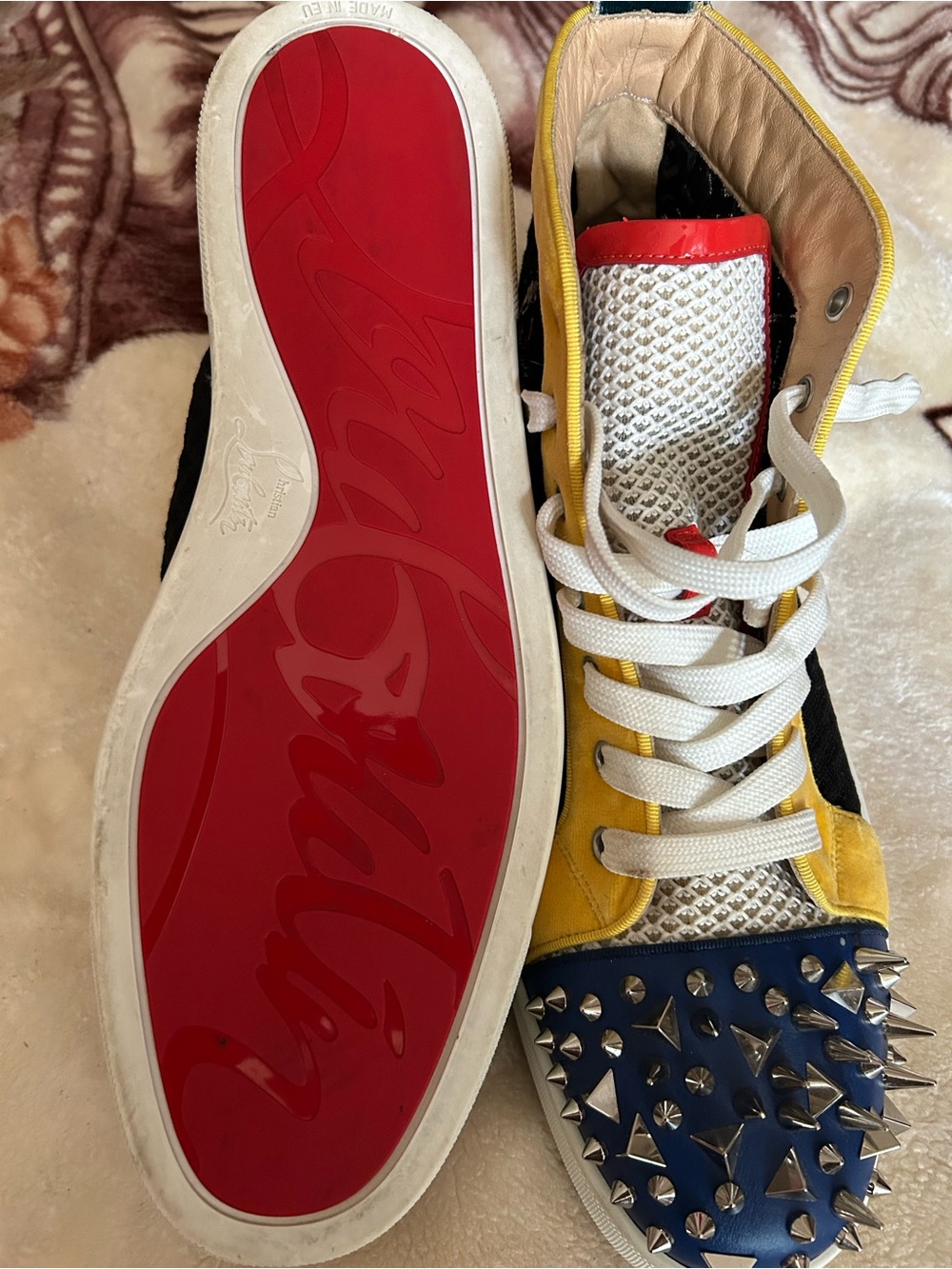 Christian Louboutin Yellow, Blue & Red Men’s Spiked High-Top Sneakers